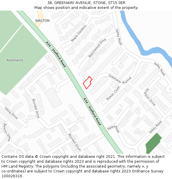 38, GREENWAY AVENUE, STONE, ST15 0ER: Location map and indicative extent of plot