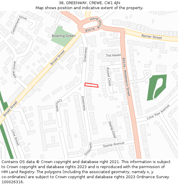 38, GREENWAY, CREWE, CW1 4JN: Location map and indicative extent of plot