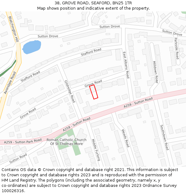 38, GROVE ROAD, SEAFORD, BN25 1TR: Location map and indicative extent of plot