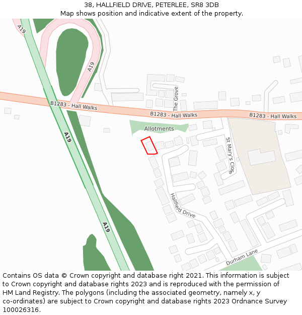 38, HALLFIELD DRIVE, PETERLEE, SR8 3DB: Location map and indicative extent of plot