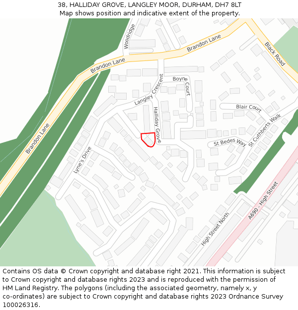 38, HALLIDAY GROVE, LANGLEY MOOR, DURHAM, DH7 8LT: Location map and indicative extent of plot