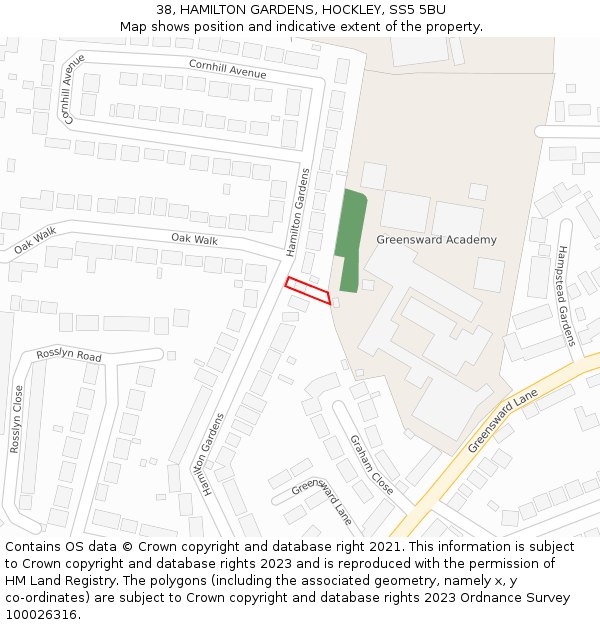 38, HAMILTON GARDENS, HOCKLEY, SS5 5BU: Location map and indicative extent of plot