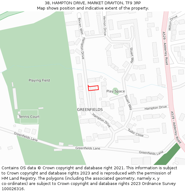 38, HAMPTON DRIVE, MARKET DRAYTON, TF9 3RP: Location map and indicative extent of plot