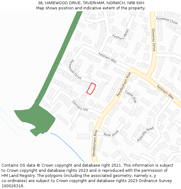 38, HAREWOOD DRIVE, TAVERHAM, NORWICH, NR8 6XH: Location map and indicative extent of plot