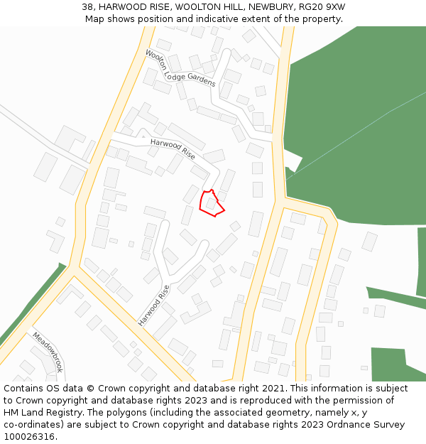 38, HARWOOD RISE, WOOLTON HILL, NEWBURY, RG20 9XW: Location map and indicative extent of plot