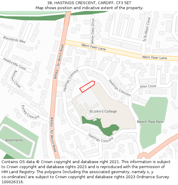 38, HASTINGS CRESCENT, CARDIFF, CF3 5ET: Location map and indicative extent of plot