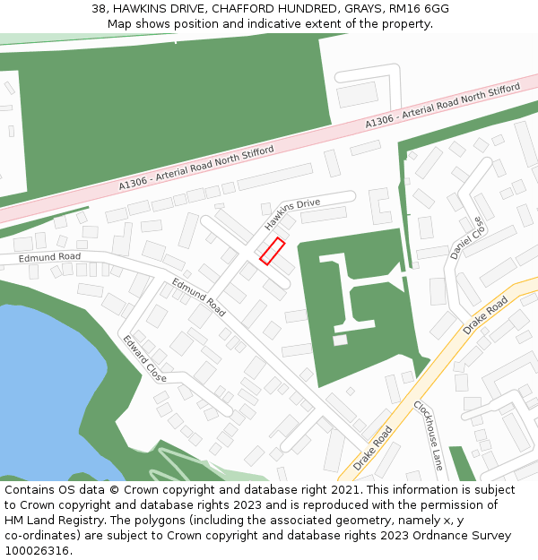 38, HAWKINS DRIVE, CHAFFORD HUNDRED, GRAYS, RM16 6GG: Location map and indicative extent of plot