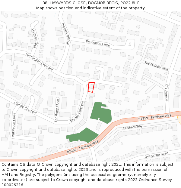 38, HAYWARDS CLOSE, BOGNOR REGIS, PO22 8HF: Location map and indicative extent of plot