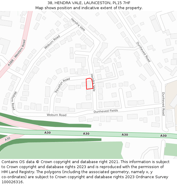 38, HENDRA VALE, LAUNCESTON, PL15 7HF: Location map and indicative extent of plot