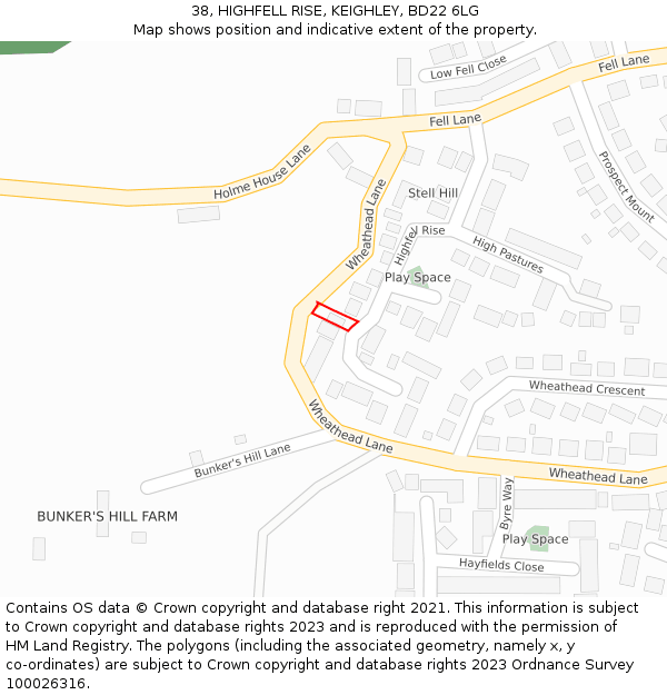 38, HIGHFELL RISE, KEIGHLEY, BD22 6LG: Location map and indicative extent of plot