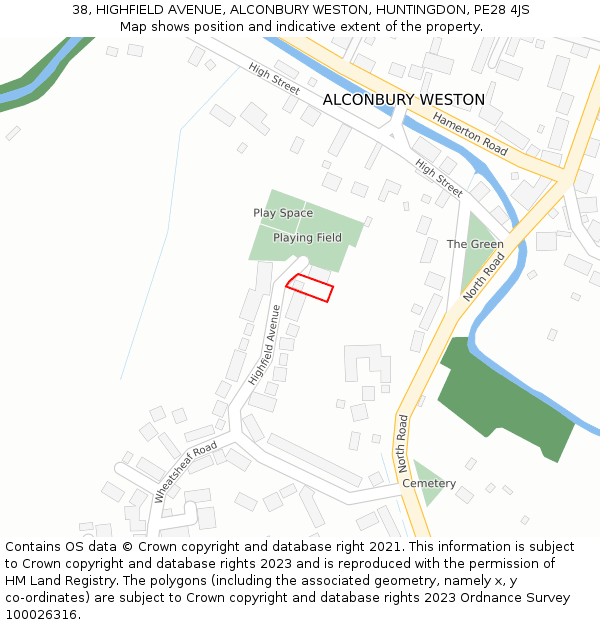 38, HIGHFIELD AVENUE, ALCONBURY WESTON, HUNTINGDON, PE28 4JS: Location map and indicative extent of plot