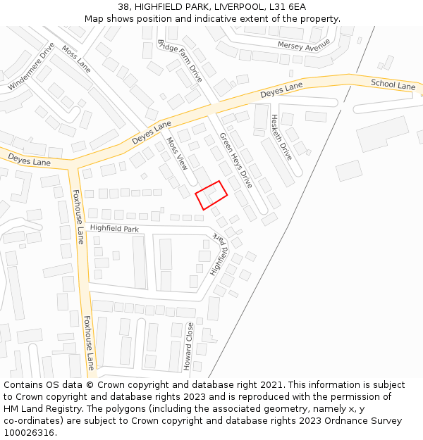 38, HIGHFIELD PARK, LIVERPOOL, L31 6EA: Location map and indicative extent of plot