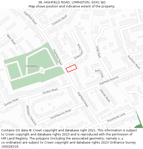 38, HIGHFIELD ROAD, LYMINGTON, SO41 9JG: Location map and indicative extent of plot