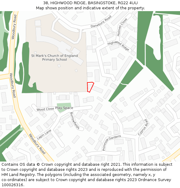 38, HIGHWOOD RIDGE, BASINGSTOKE, RG22 4UU: Location map and indicative extent of plot