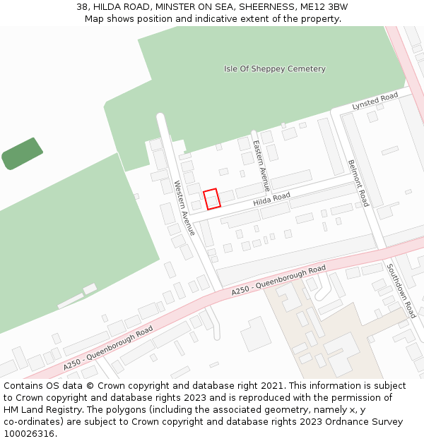 38, HILDA ROAD, MINSTER ON SEA, SHEERNESS, ME12 3BW: Location map and indicative extent of plot