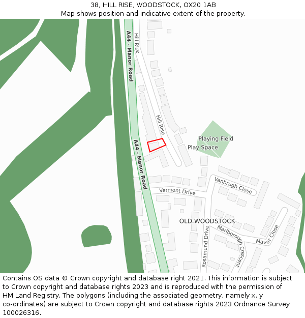 38, HILL RISE, WOODSTOCK, OX20 1AB: Location map and indicative extent of plot