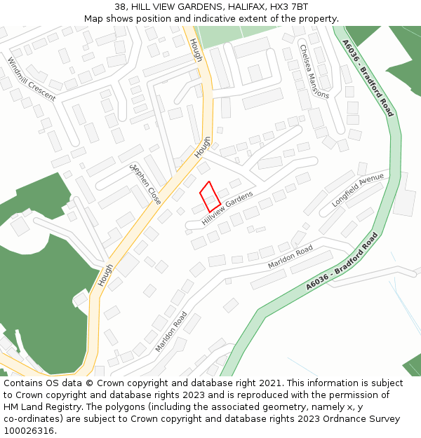 38, HILL VIEW GARDENS, HALIFAX, HX3 7BT: Location map and indicative extent of plot