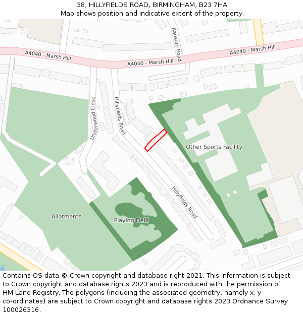 38, HILLYFIELDS ROAD, BIRMINGHAM, B23 7HA: Location map and indicative extent of plot