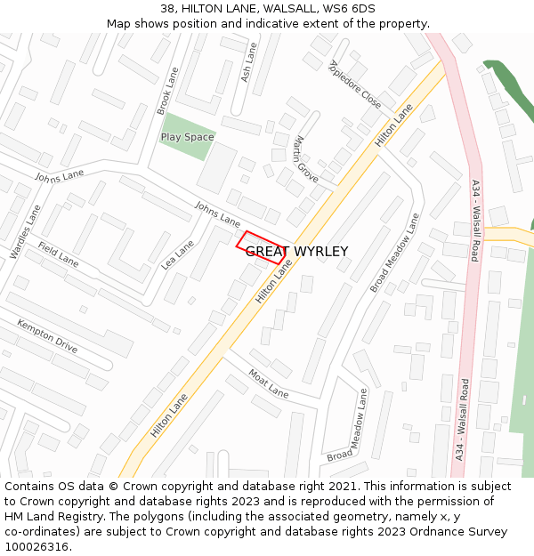 38, HILTON LANE, WALSALL, WS6 6DS: Location map and indicative extent of plot