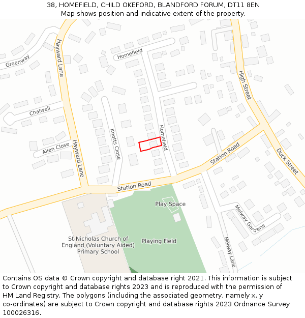 38, HOMEFIELD, CHILD OKEFORD, BLANDFORD FORUM, DT11 8EN: Location map and indicative extent of plot