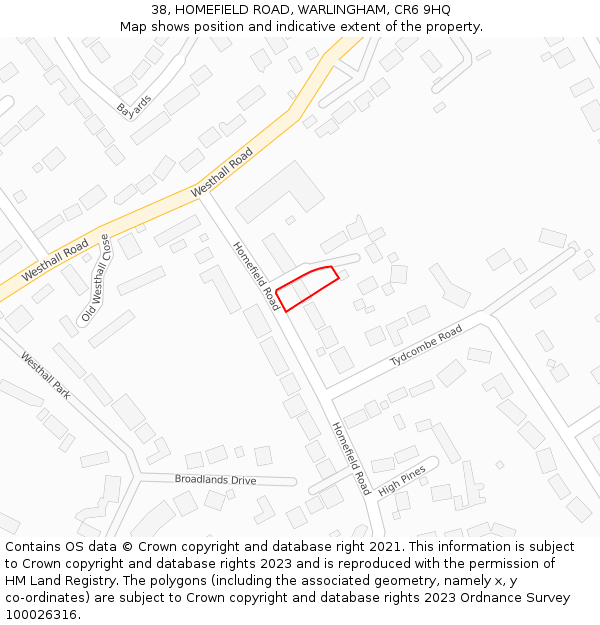 38, HOMEFIELD ROAD, WARLINGHAM, CR6 9HQ: Location map and indicative extent of plot