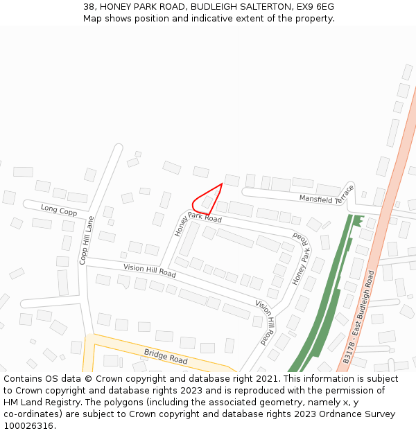 38, HONEY PARK ROAD, BUDLEIGH SALTERTON, EX9 6EG: Location map and indicative extent of plot