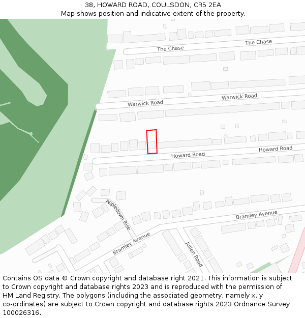 38, HOWARD ROAD, COULSDON, CR5 2EA: Location map and indicative extent of plot