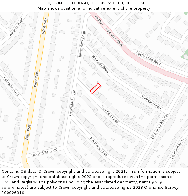 38, HUNTFIELD ROAD, BOURNEMOUTH, BH9 3HN: Location map and indicative extent of plot