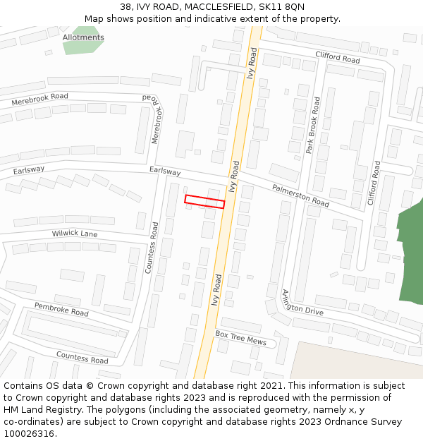 38, IVY ROAD, MACCLESFIELD, SK11 8QN: Location map and indicative extent of plot