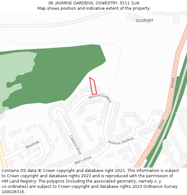 38, JASMINE GARDENS, OSWESTRY, SY11 1UA: Location map and indicative extent of plot