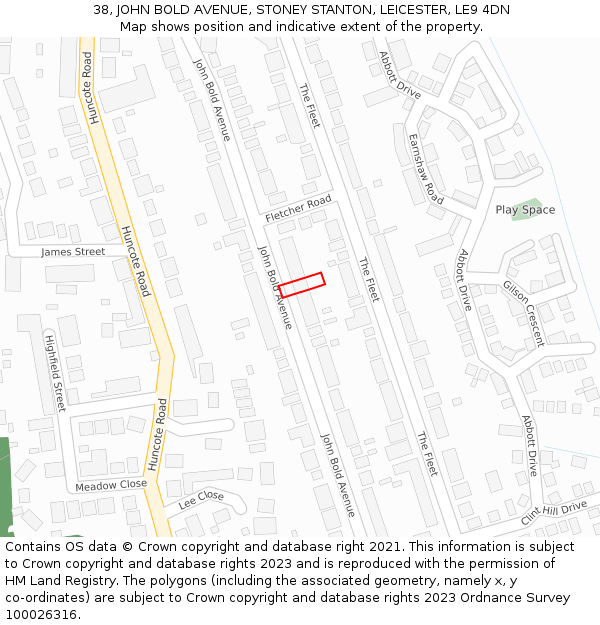 38, JOHN BOLD AVENUE, STONEY STANTON, LEICESTER, LE9 4DN: Location map and indicative extent of plot