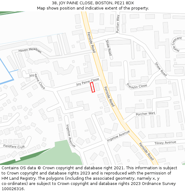 38, JOY PAINE CLOSE, BOSTON, PE21 8DX: Location map and indicative extent of plot