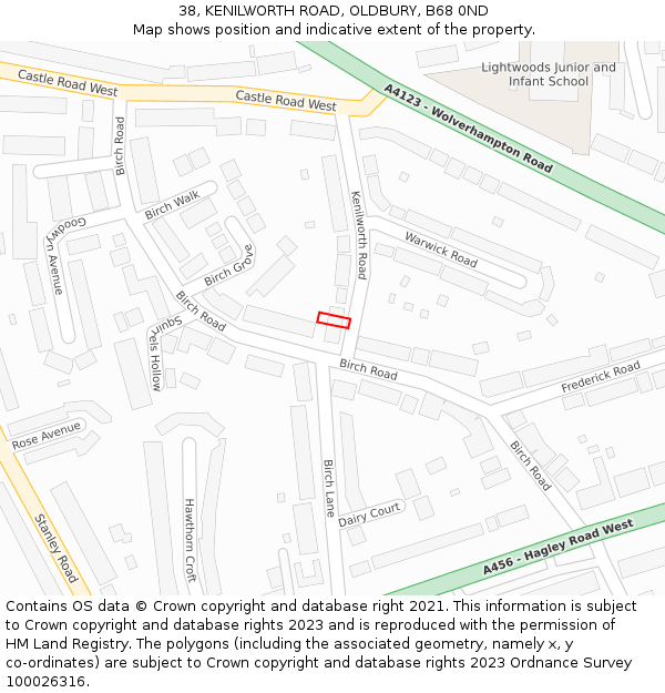 38, KENILWORTH ROAD, OLDBURY, B68 0ND: Location map and indicative extent of plot