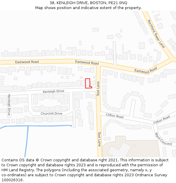 38, KENLEIGH DRIVE, BOSTON, PE21 0NQ: Location map and indicative extent of plot