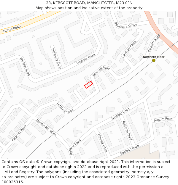 38, KERSCOTT ROAD, MANCHESTER, M23 0FN: Location map and indicative extent of plot