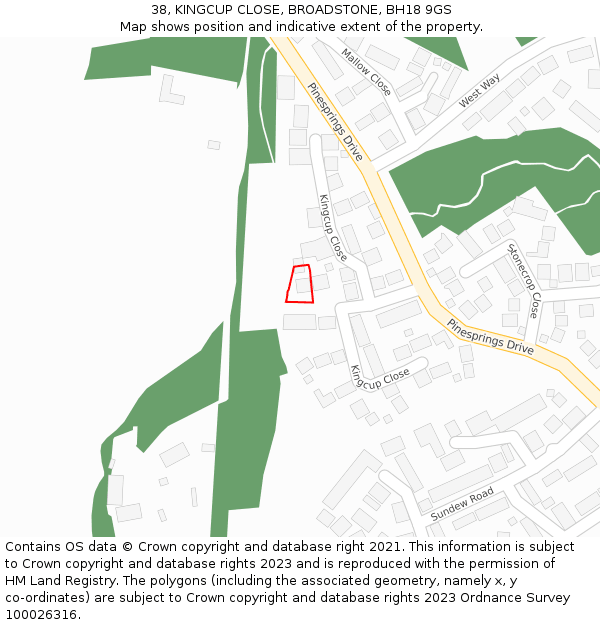 38, KINGCUP CLOSE, BROADSTONE, BH18 9GS: Location map and indicative extent of plot