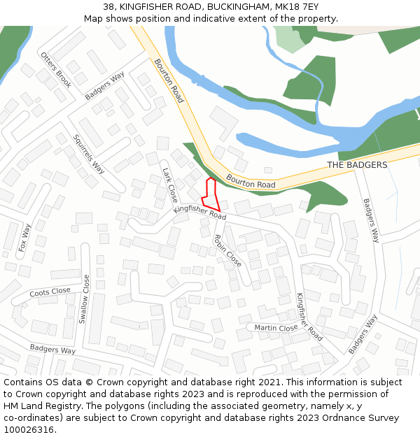 38, KINGFISHER ROAD, BUCKINGHAM, MK18 7EY: Location map and indicative extent of plot