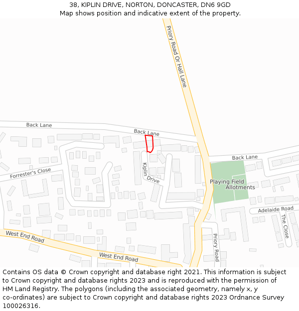 38, KIPLIN DRIVE, NORTON, DONCASTER, DN6 9GD: Location map and indicative extent of plot