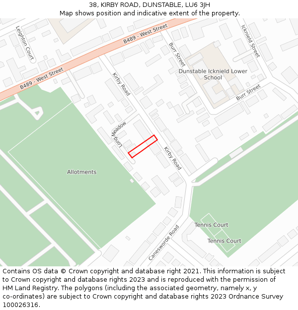 38, KIRBY ROAD, DUNSTABLE, LU6 3JH: Location map and indicative extent of plot