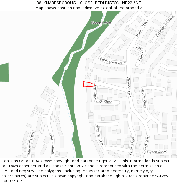 38, KNARESBOROUGH CLOSE, BEDLINGTON, NE22 6NT: Location map and indicative extent of plot