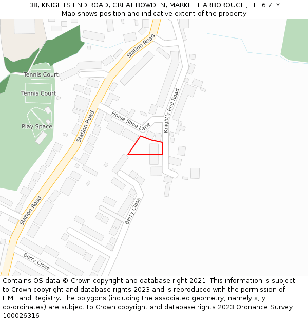 38, KNIGHTS END ROAD, GREAT BOWDEN, MARKET HARBOROUGH, LE16 7EY: Location map and indicative extent of plot