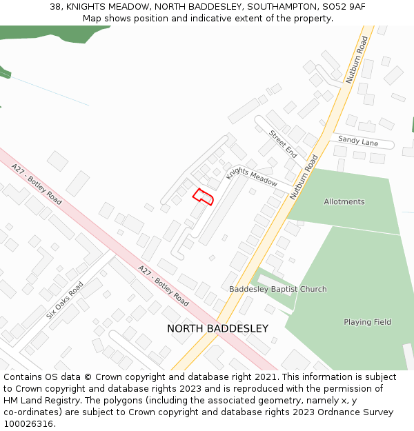 38, KNIGHTS MEADOW, NORTH BADDESLEY, SOUTHAMPTON, SO52 9AF: Location map and indicative extent of plot