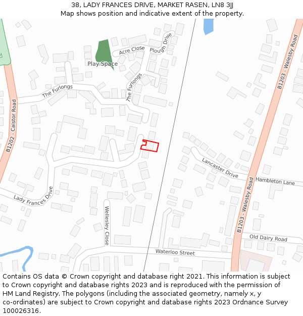 38, LADY FRANCES DRIVE, MARKET RASEN, LN8 3JJ: Location map and indicative extent of plot