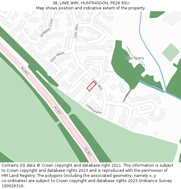 38, LAKE WAY, HUNTINGDON, PE29 6SU: Location map and indicative extent of plot