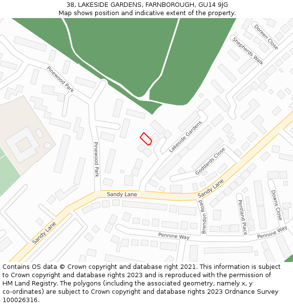 38, LAKESIDE GARDENS, FARNBOROUGH, GU14 9JG: Location map and indicative extent of plot