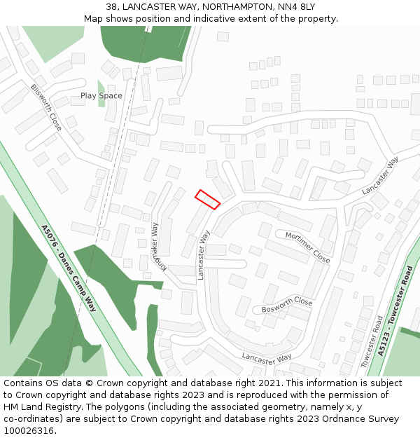 38, LANCASTER WAY, NORTHAMPTON, NN4 8LY: Location map and indicative extent of plot