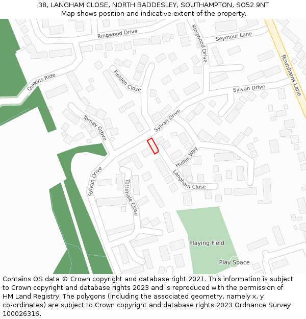 38, LANGHAM CLOSE, NORTH BADDESLEY, SOUTHAMPTON, SO52 9NT: Location map and indicative extent of plot