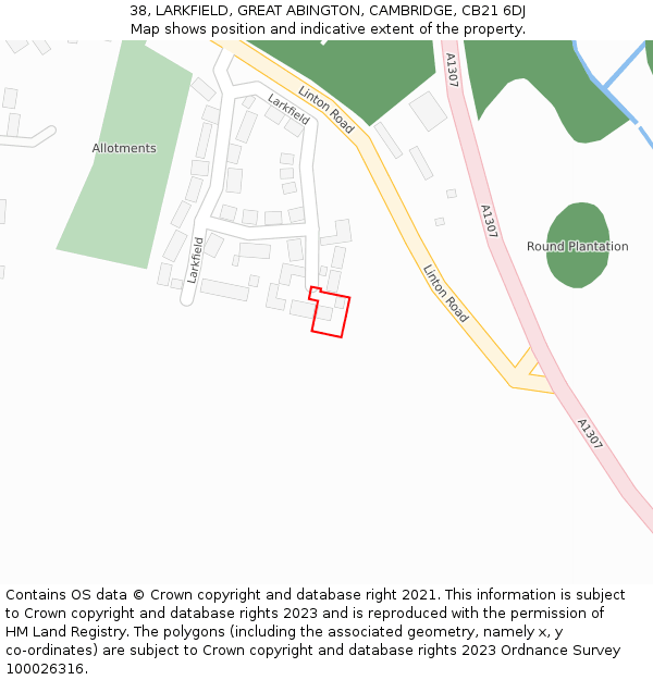 38, LARKFIELD, GREAT ABINGTON, CAMBRIDGE, CB21 6DJ: Location map and indicative extent of plot