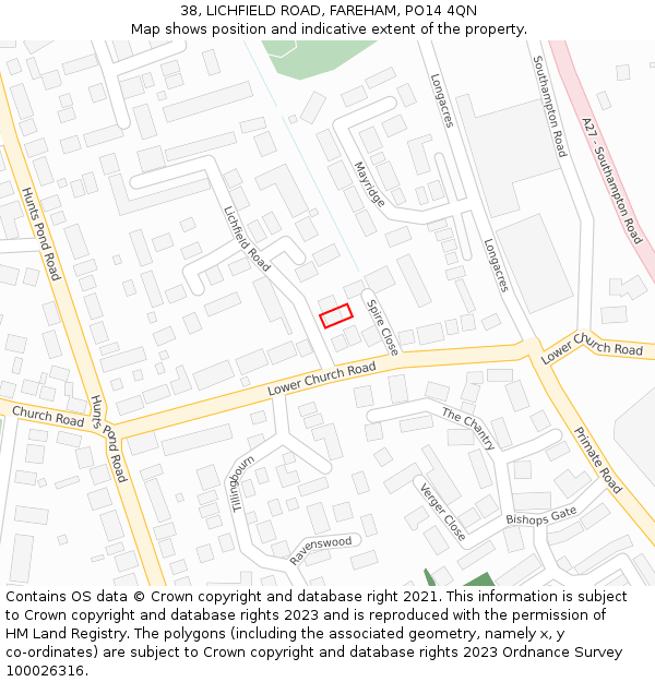 38, LICHFIELD ROAD, FAREHAM, PO14 4QN: Location map and indicative extent of plot