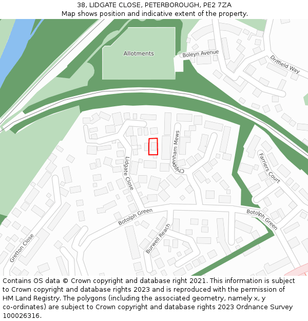 38, LIDGATE CLOSE, PETERBOROUGH, PE2 7ZA: Location map and indicative extent of plot